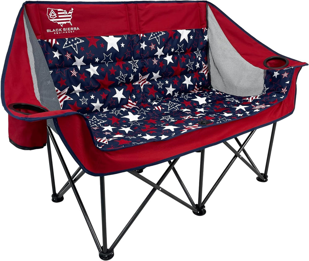 Black Sierra Double Camping Chair Loveseat, Oversized Padded, 600 lb