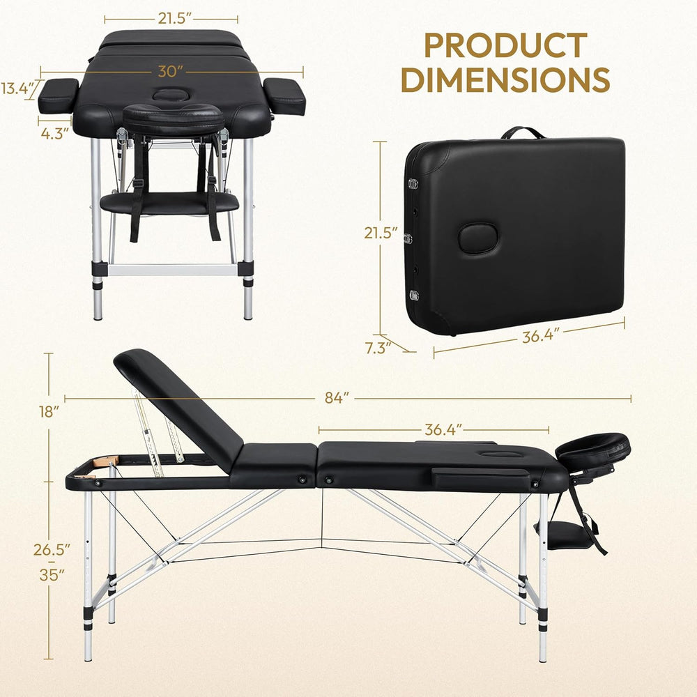 Yaheetech Aluminum Folding Massage Table with Stool Height Adjustable Black