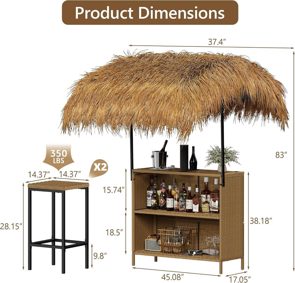 Outdoor Tiki Bar Set with Widen Hula Thatched Shade(48" L), 3-Piece Wick...