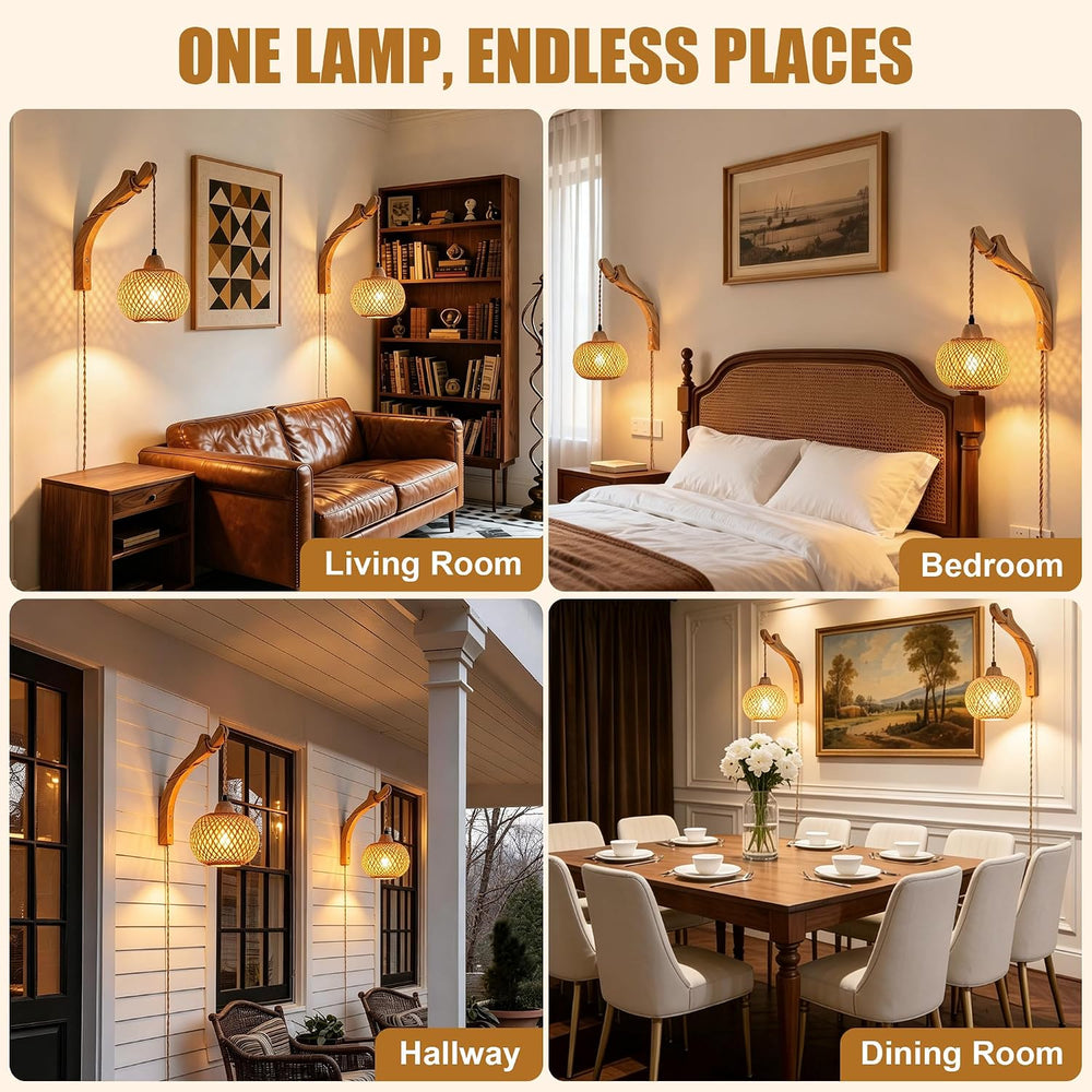 Frideko Bamboo Lantern Plug in Wall Sconces Wicker Wall Lamp with Plug in Cor...