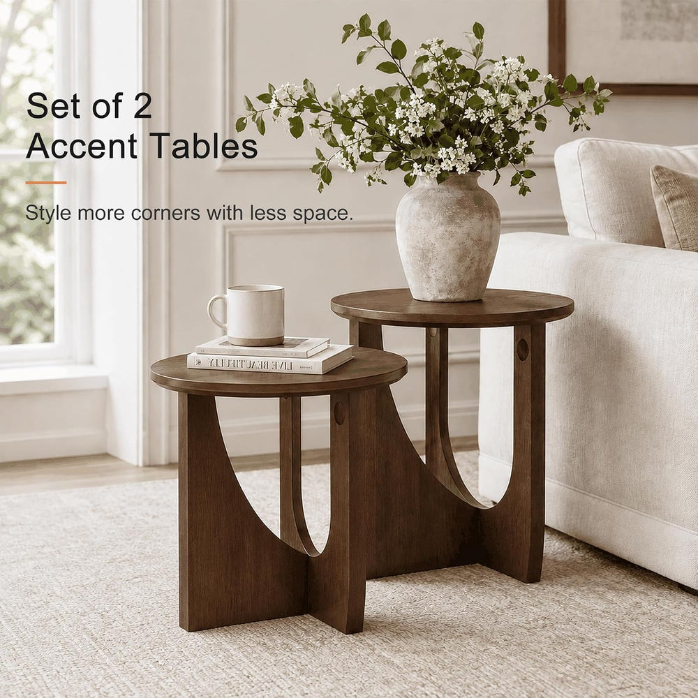 Round Side Tables, Set of 2, 19.7" Solid Wood End Tables, Walnut