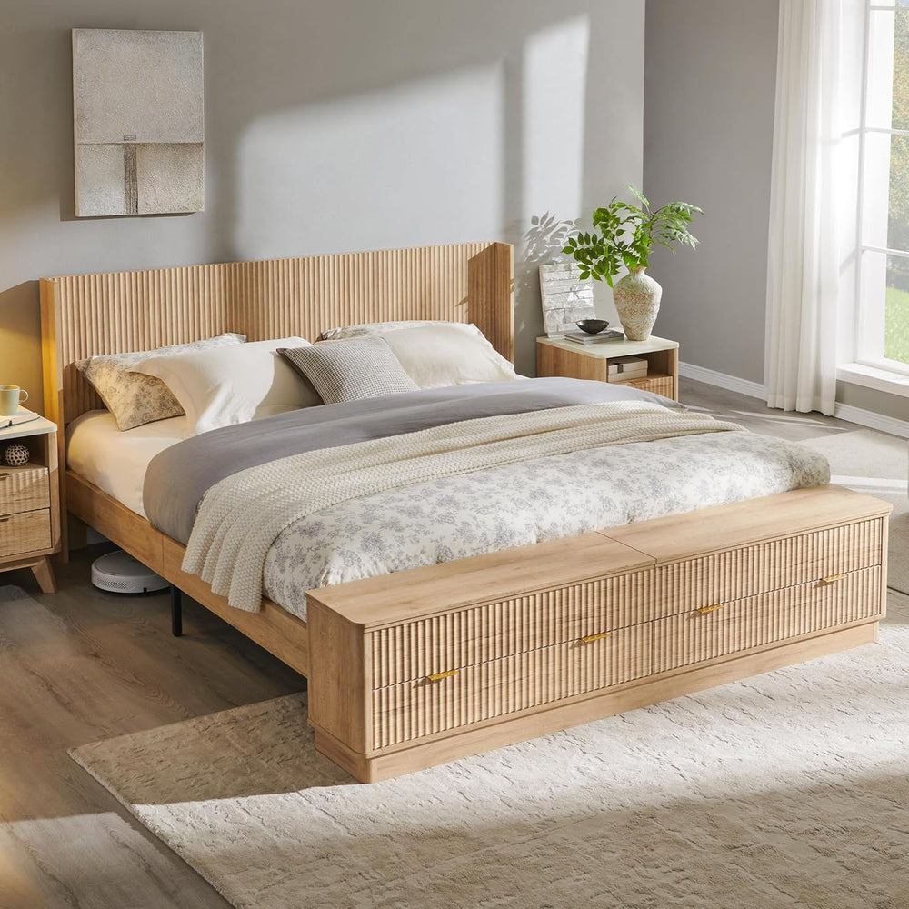 T4TREAM Fluted King Bed with Headboard and Storage Bench, Natural Oak
