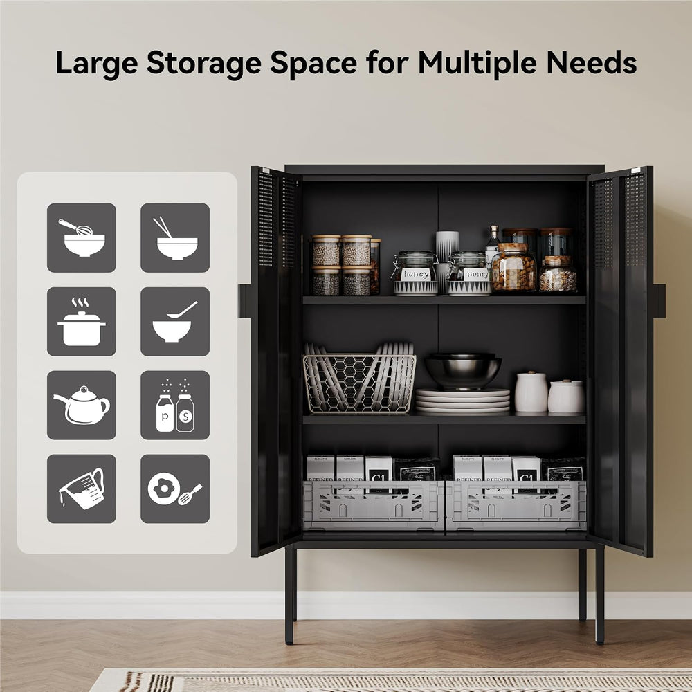 COFaR Black Metal Cabinet with Adjustable Shelves, 47”H Industrial Buffet Sid...