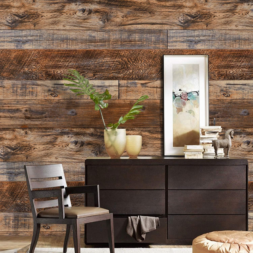 WENMER 23.6" x 78.7" Brown Wood Peel and Stick Wallpaper Shiplap Se...
