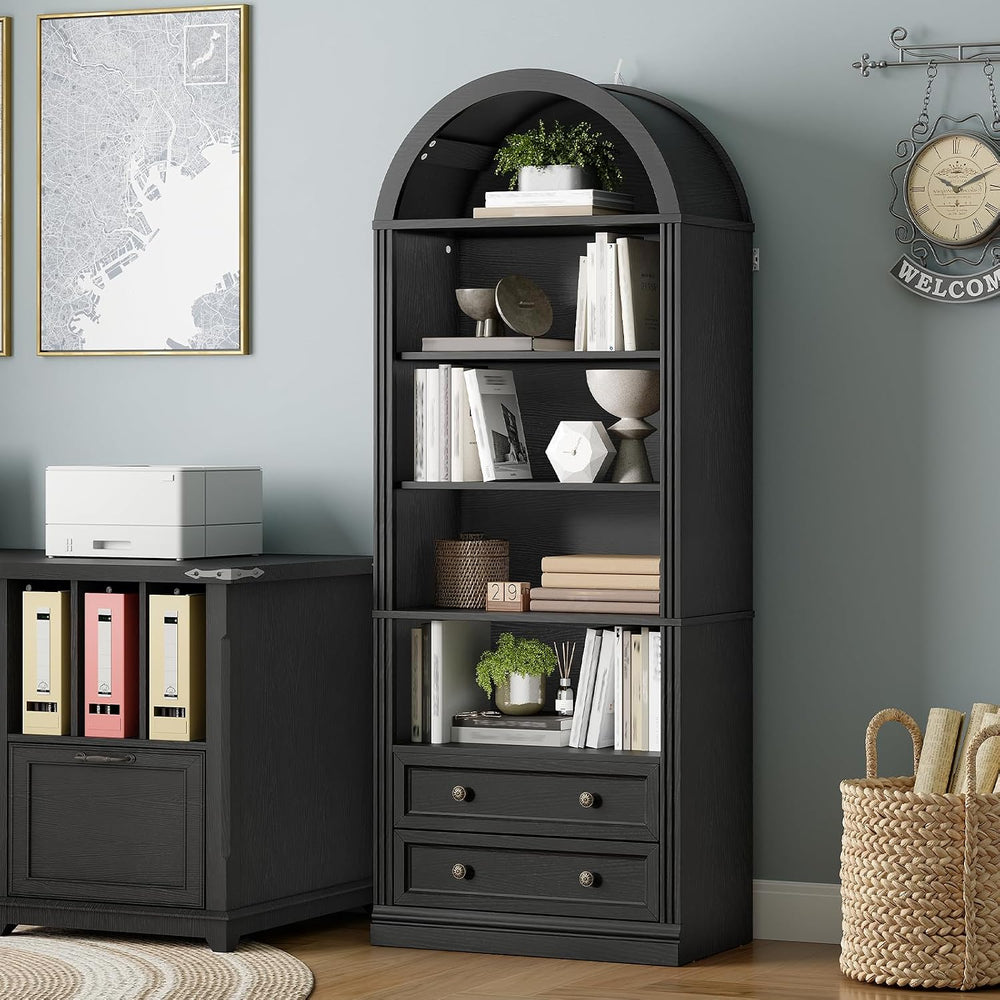 RALGEND Farmhouse Arched Bookshelf, 7 Tiers Arch Bookcase with 2 Drawers