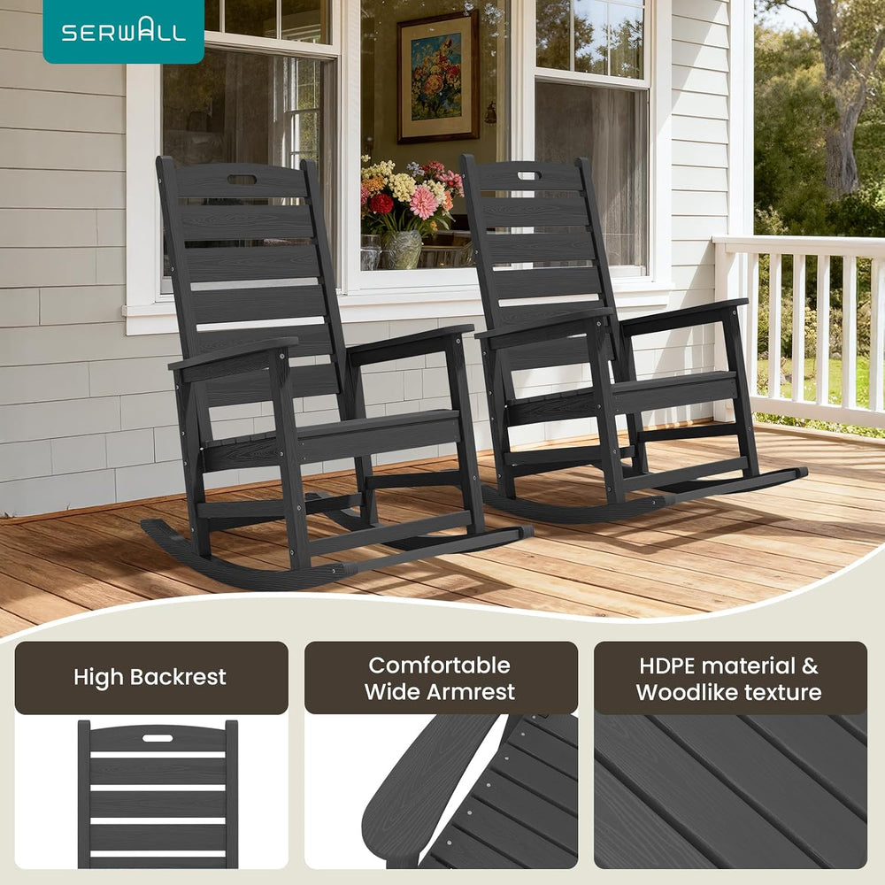 SERWALL 2-Pc Rocking Chair Set with Footboard, HDPE, 350lbs Cap, Gray