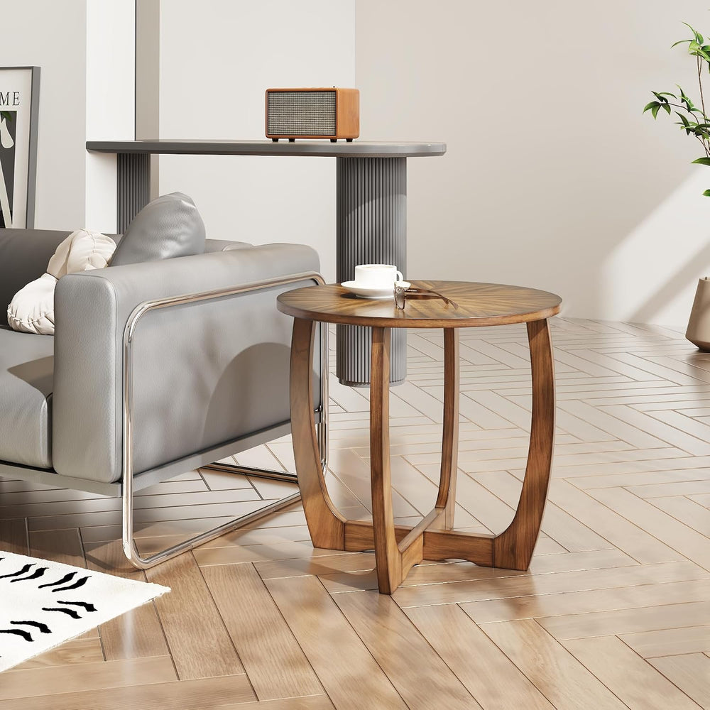 LEEMTORIG Mid Century Modern Round End Side Table Living Room, Walnut End Tab...