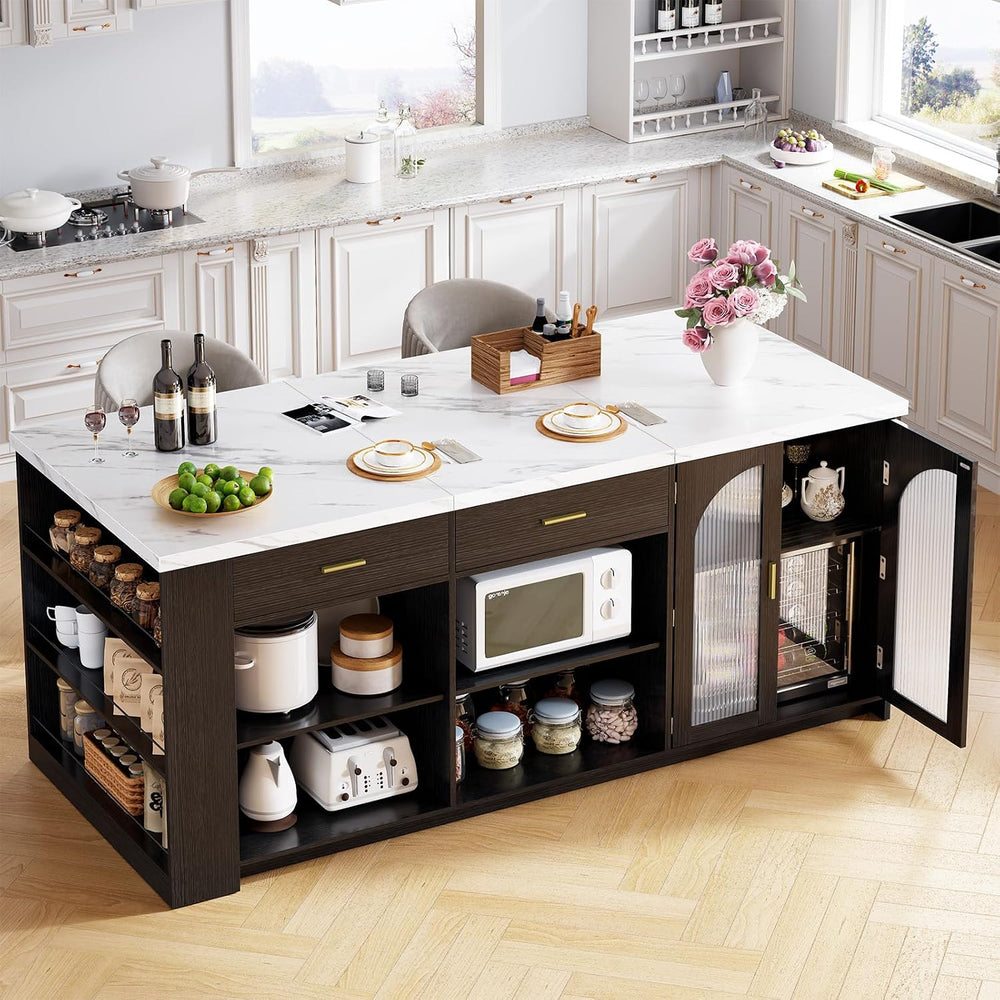 IBF 71" Modern Large Kitchen Island with Storage, White Faux Marble &...