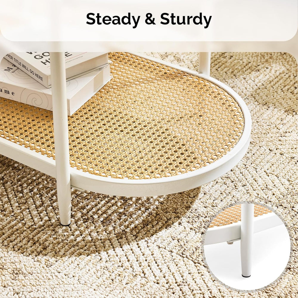 VINGLI 38" Oval Glass Coffee Table, Rattan Coffee Table, White