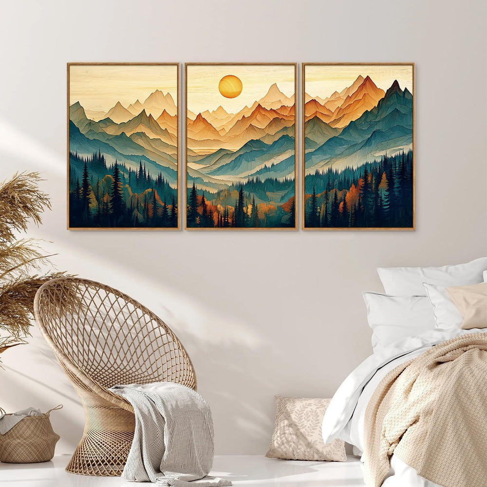 Tinonedraw Large Mountain Framed Canvas Wall Art Set of 3, Boho Nature Forest...
