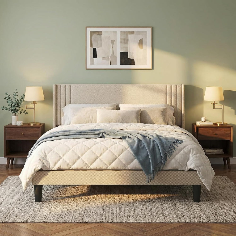 Gizoon Queen Bed Frame with Wingback Headboard, Upholstered Platform Bed