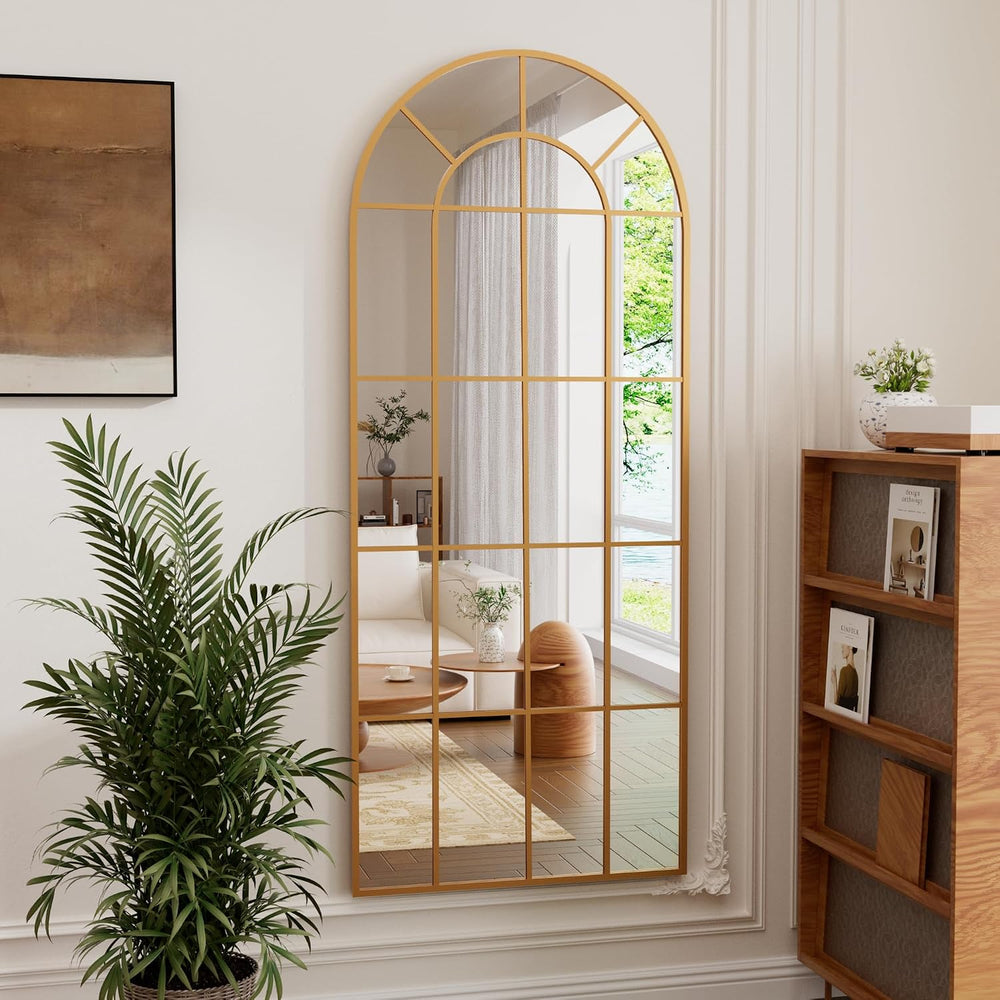 HARRITPURE Arched Full Length Mirror 71"x30" Gold Windowpane Floor ...