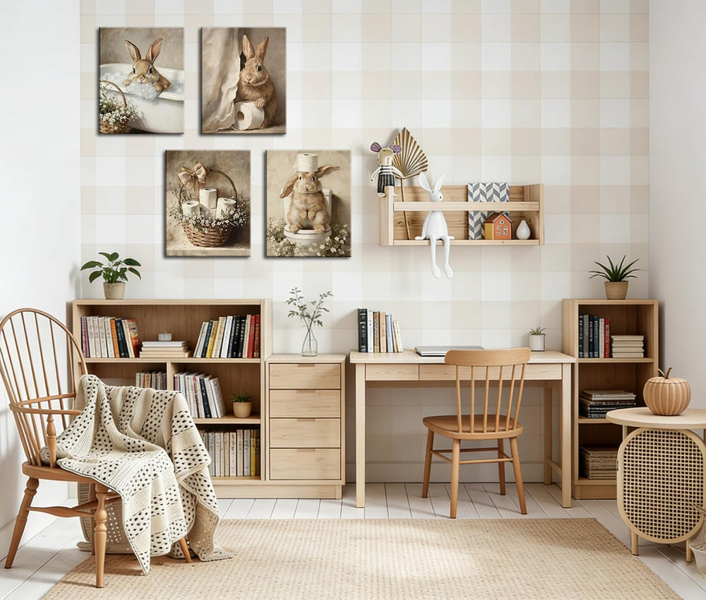 Frimeeme Framed Cute Bunny Bathroom Canvas Wall Art