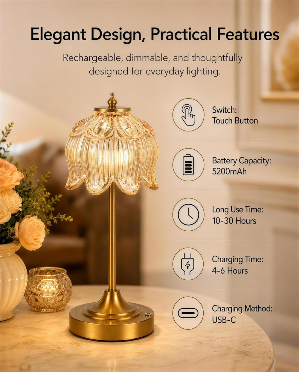 Lotus Flower Cordless Rechargeable Table Lamp, 3 Color Modes, Touch Control