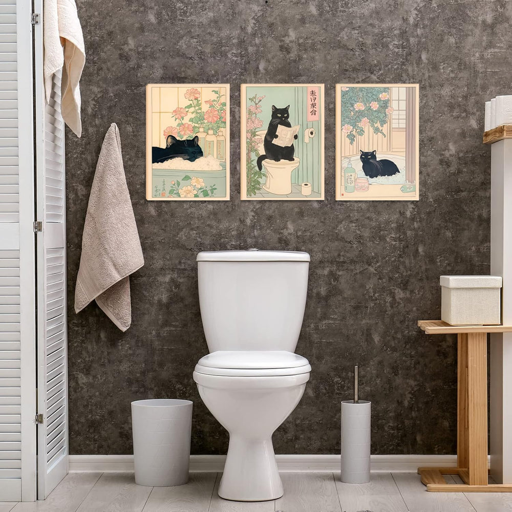 Funny Bathroom Canvas Wall Art Set of 3, Japanese Funny Black Cat Wall Decor ...