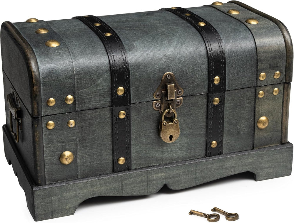 Wooden Treasure Chest Box with Tray, Lockable Keepsake Trunk, 11.8x7x7 in
