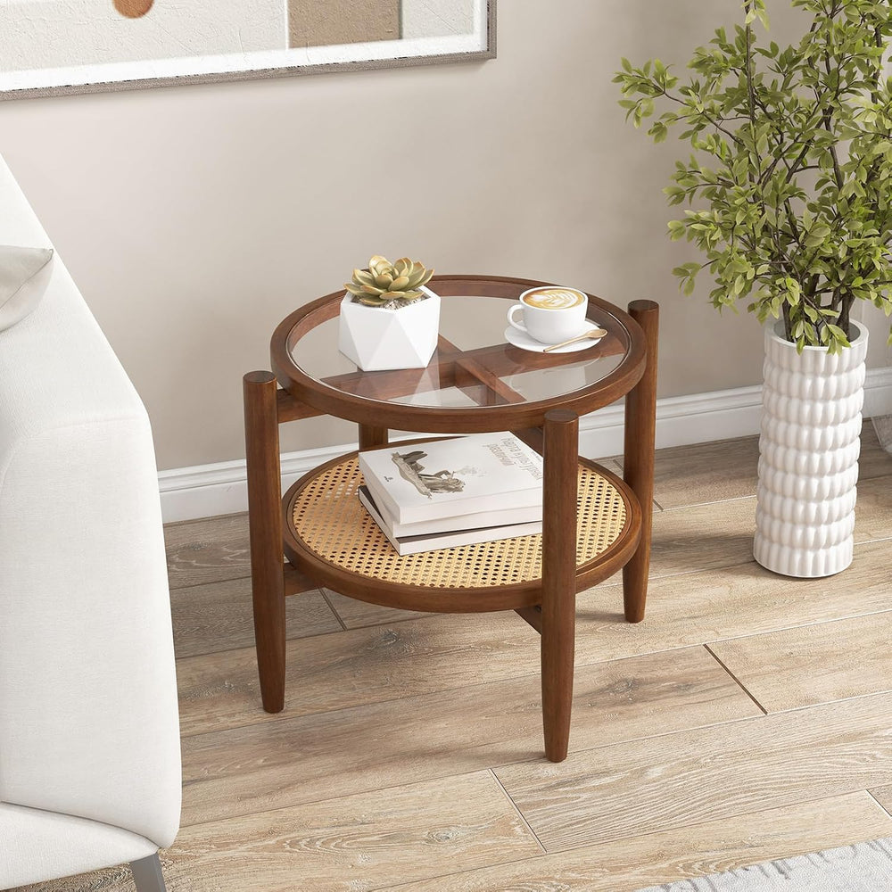 GIANTEX Rattan Round End Table Set of 2, Walnut Boho Nightstand with Tempered...