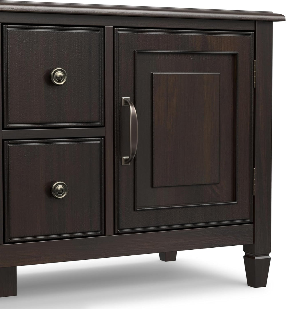 SIMPLIHOME Connaught 72" Wide Solid Wood TV Stand in Dark Chestnut Brown