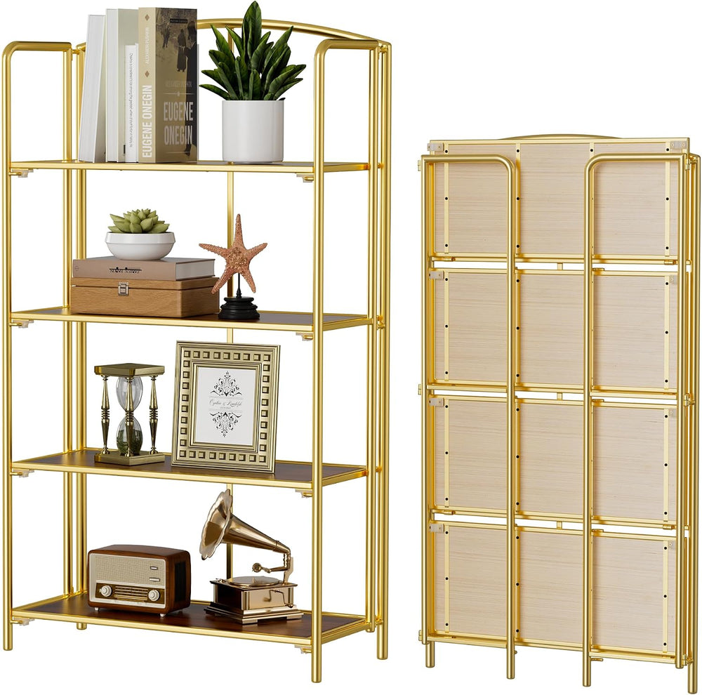 Crofy 4-Tier Wider Foldable Bookshelf, Gold Frame & Walnut Shelves