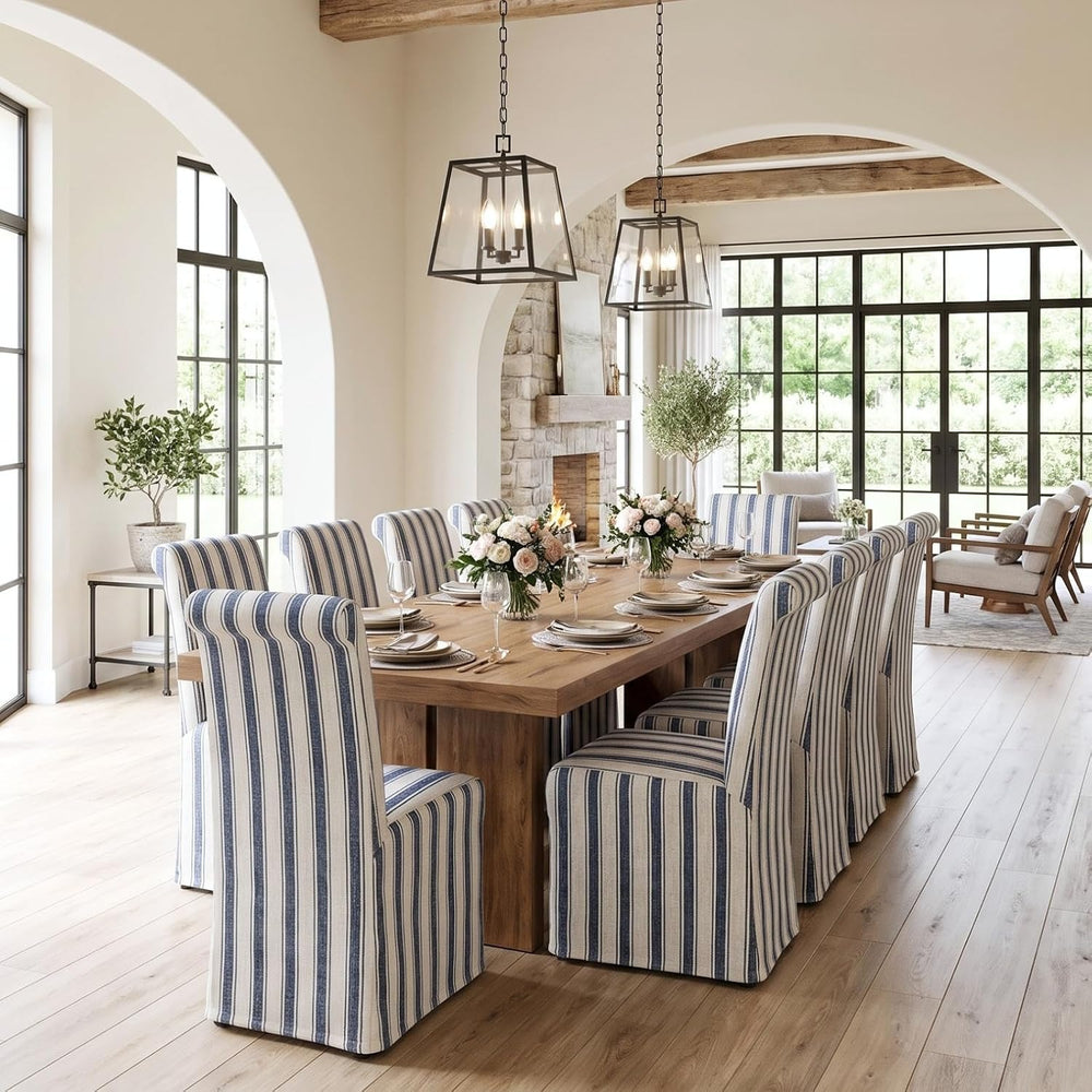 chairus Slipcovered Upholstered Parsons Dining Chairs Set of 2, Blue Stripe