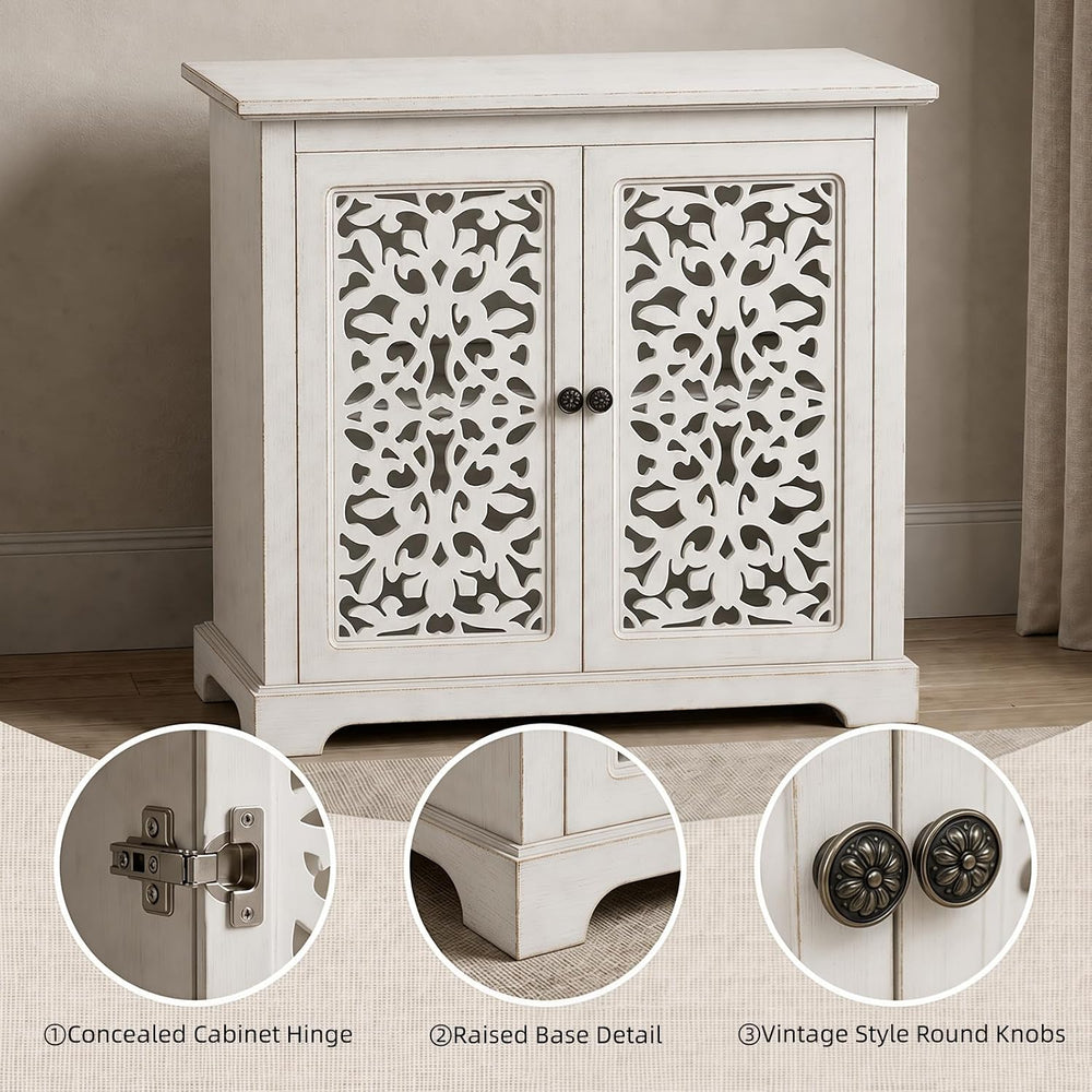 31.5" White Accent Cabinet with Carved 2-Door Storage