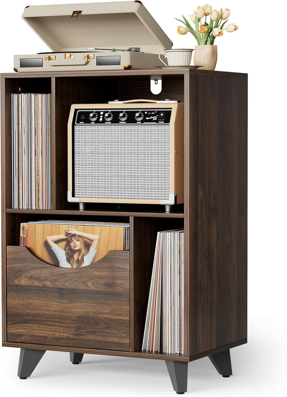 Bikoney Record Player Stand with Vinyl Storage, Mid Century Walnut