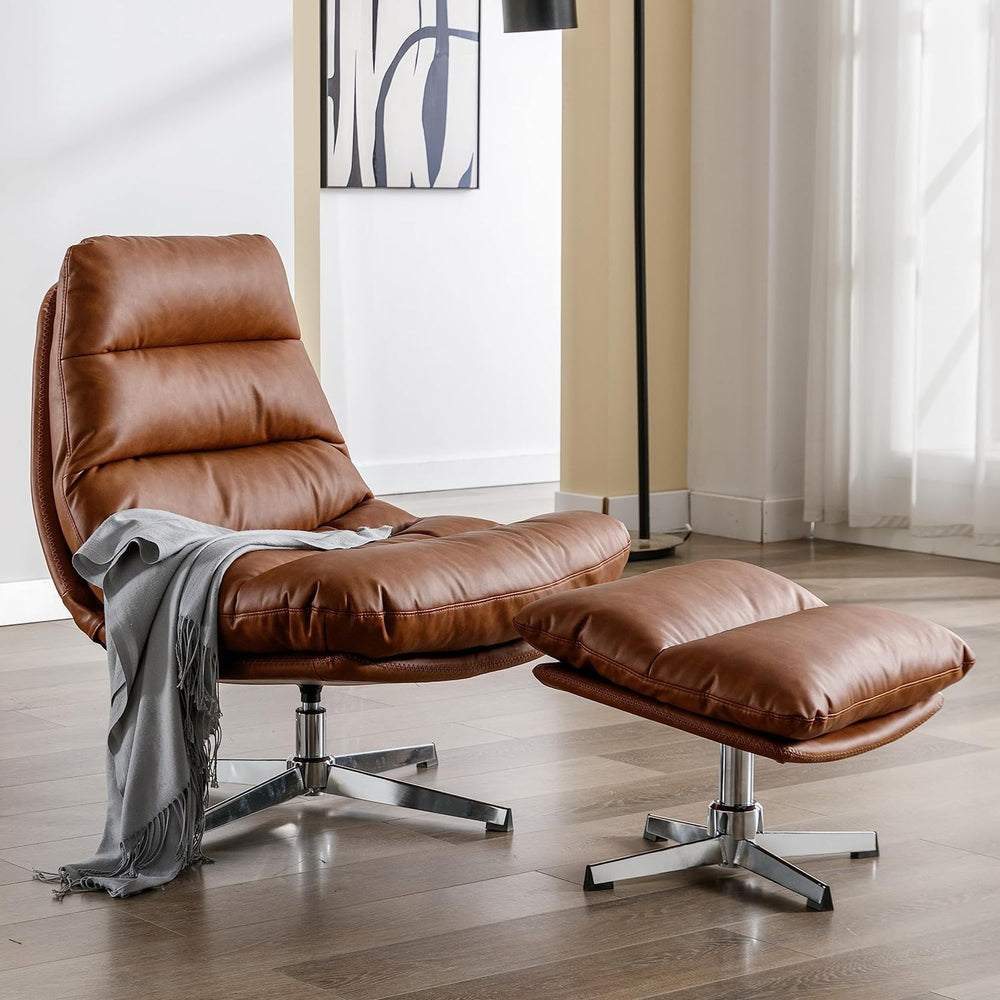 BESTANO Swivel Accent Chair with Ottoman, Mid Century Modern Faux Leather Lou...