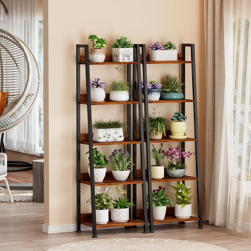 Furologee Ladder Shelf, 5 Tier Bookshelf with Fabric Drawer, Rustic Brown