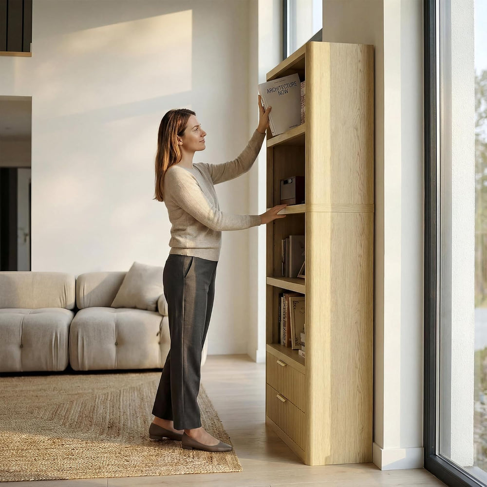 YESHOMY 79" Tall Wooden Bookshelf with Drawers, Modern Fluted Bookcase w...