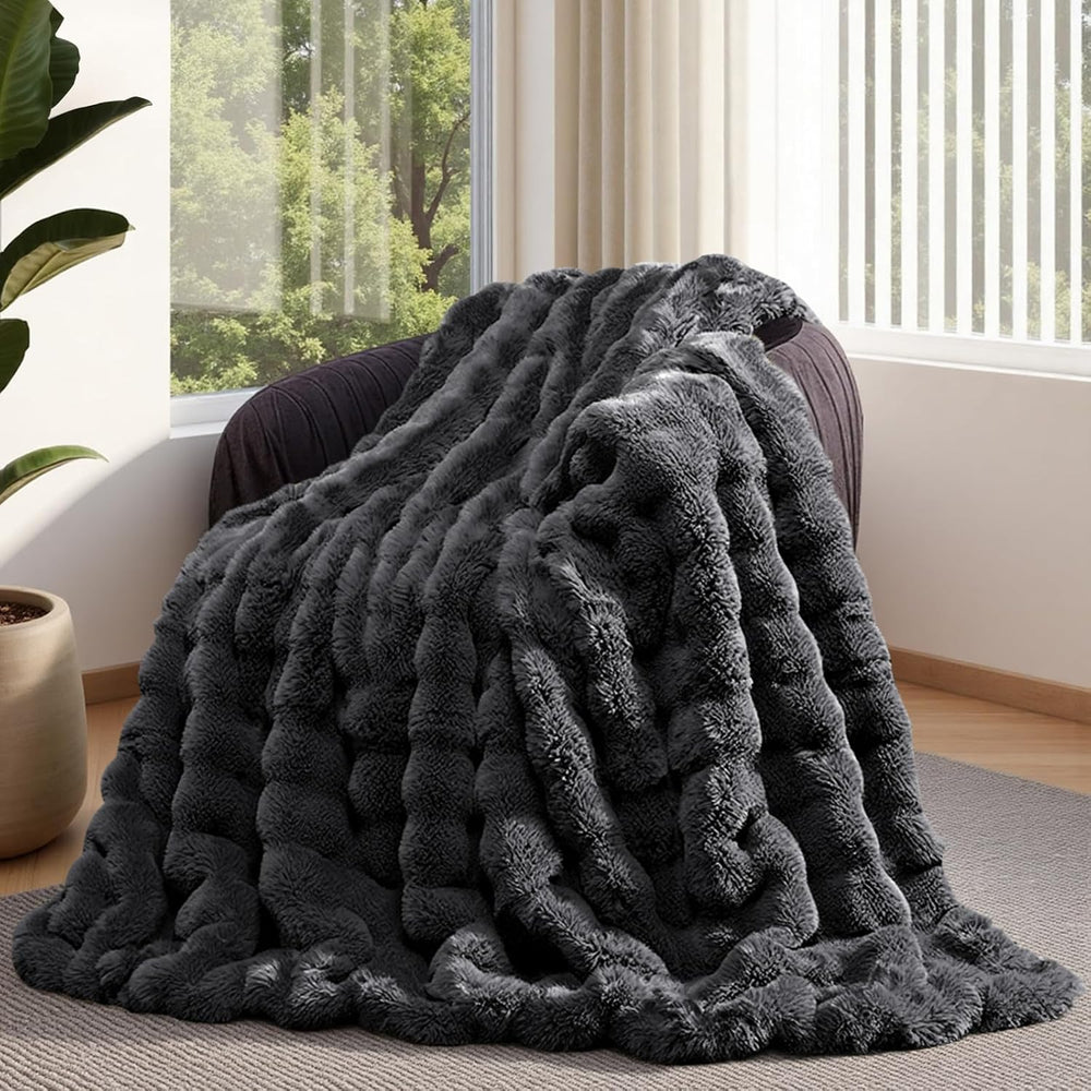 Lotus Karen Faux Fur Blanket Dark Gray Twin Size - Big Bubble Rabbit Fluff Th...
