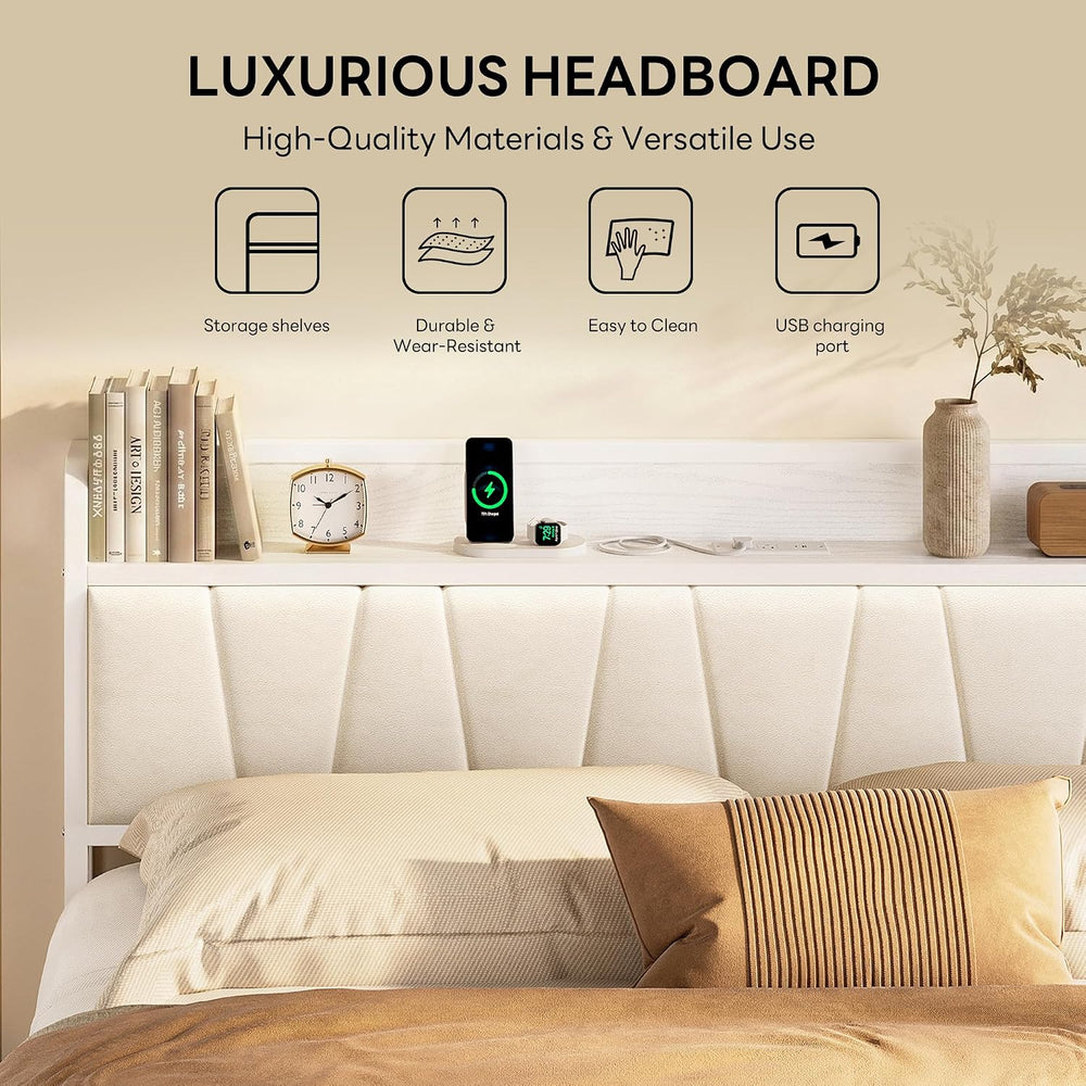 LIKIMIO King Bed Frame with Storage Headboard and Charging Station