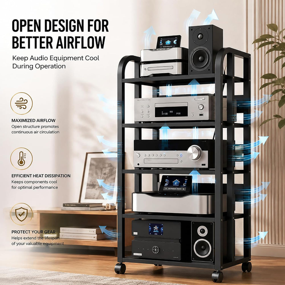 5 Tier Av Media Stand with Wheels, 39in Adjustable Audio Rack