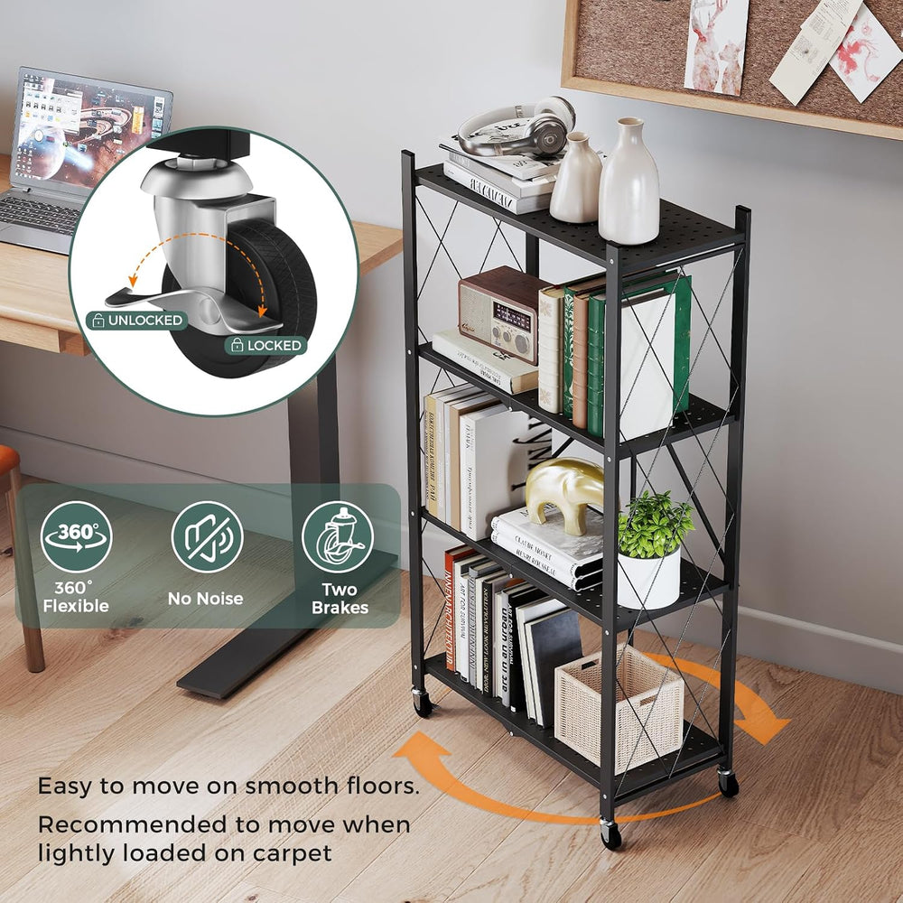 DEANIC 4 Tier Foldable Storage Shelves with Wheels, Large Capacity Shelving U...