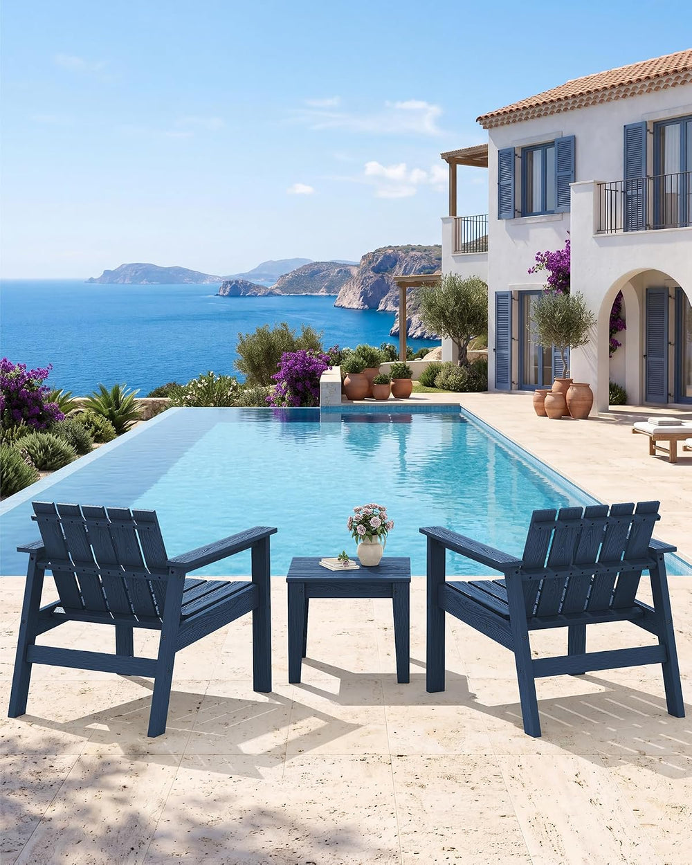 SERWALL Low Back Bistro Set-utdoor Adirondack Chairs and Side Table-Navy