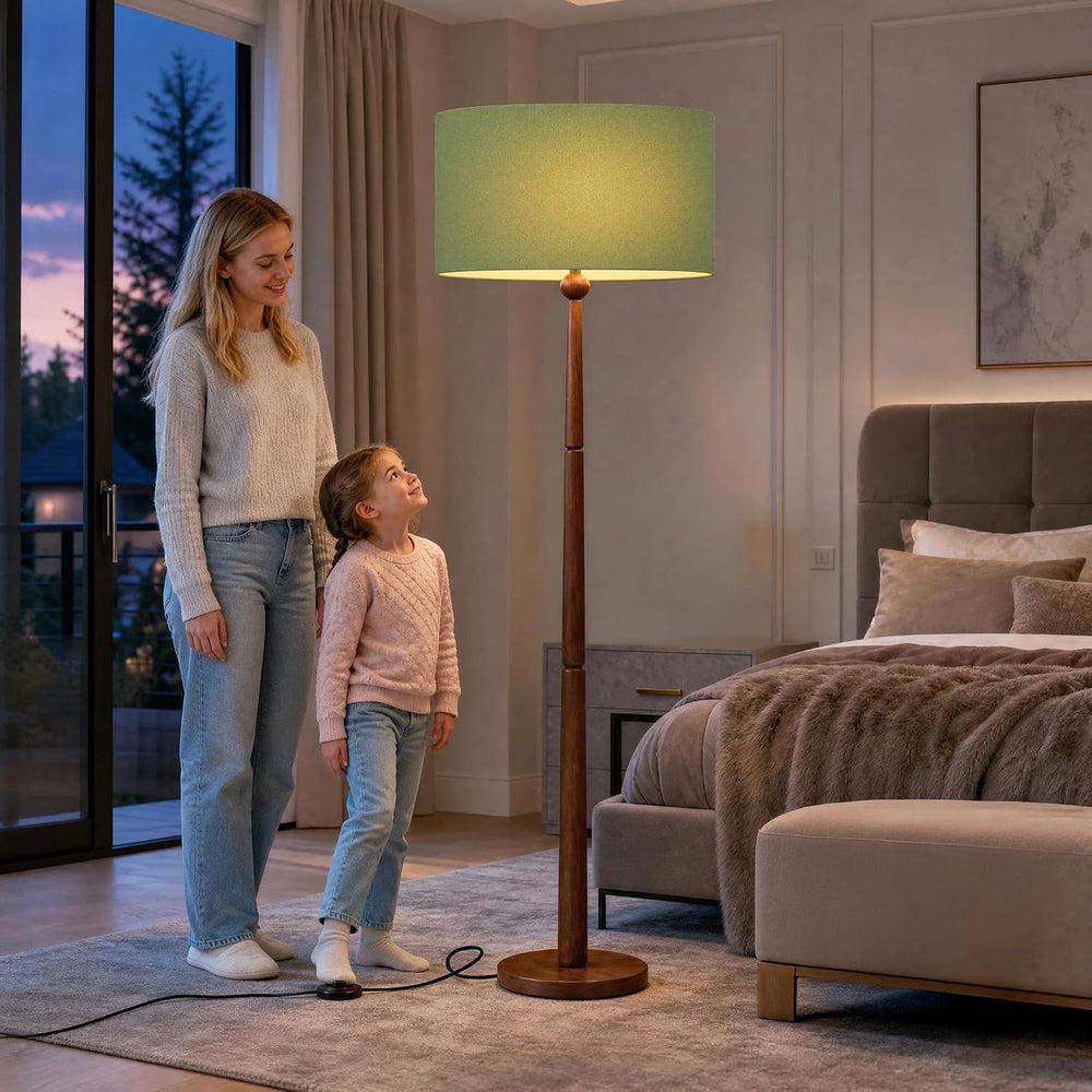 Buruis 65 Inch Single Ball Walnut Wood Floor Lamp with Linen Shade, Green