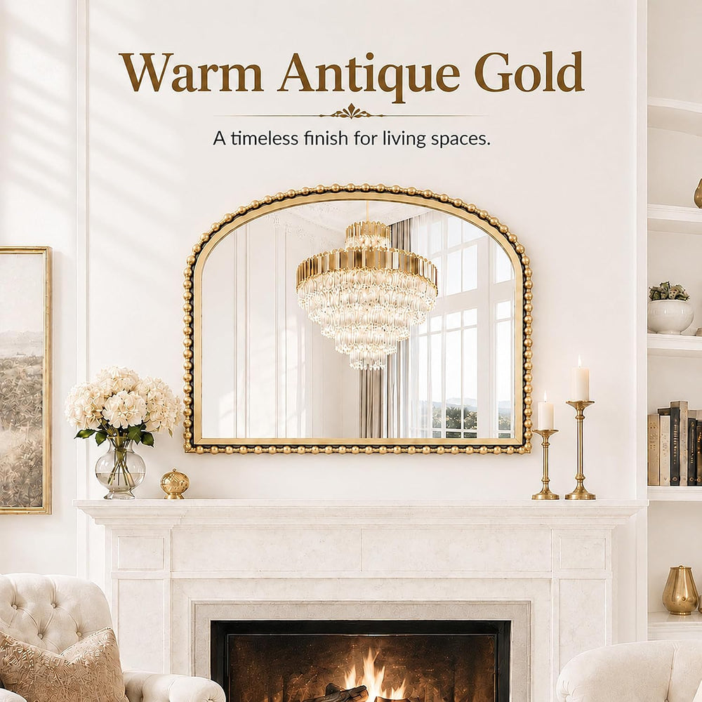 40"x30" Wide Arch Wall Mirror, Antique Gold Bold Beaded Frame