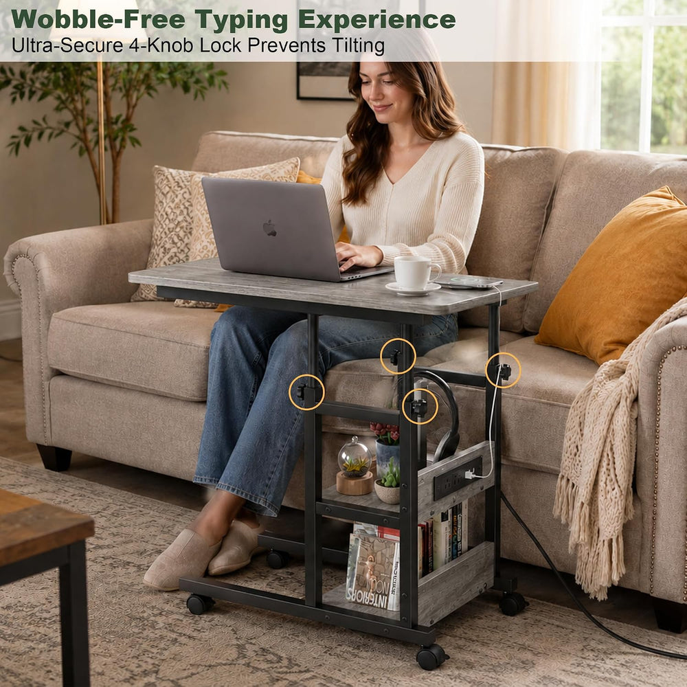 Rolling C Shaped End Table with Charging Station for Couch, Height Adjust