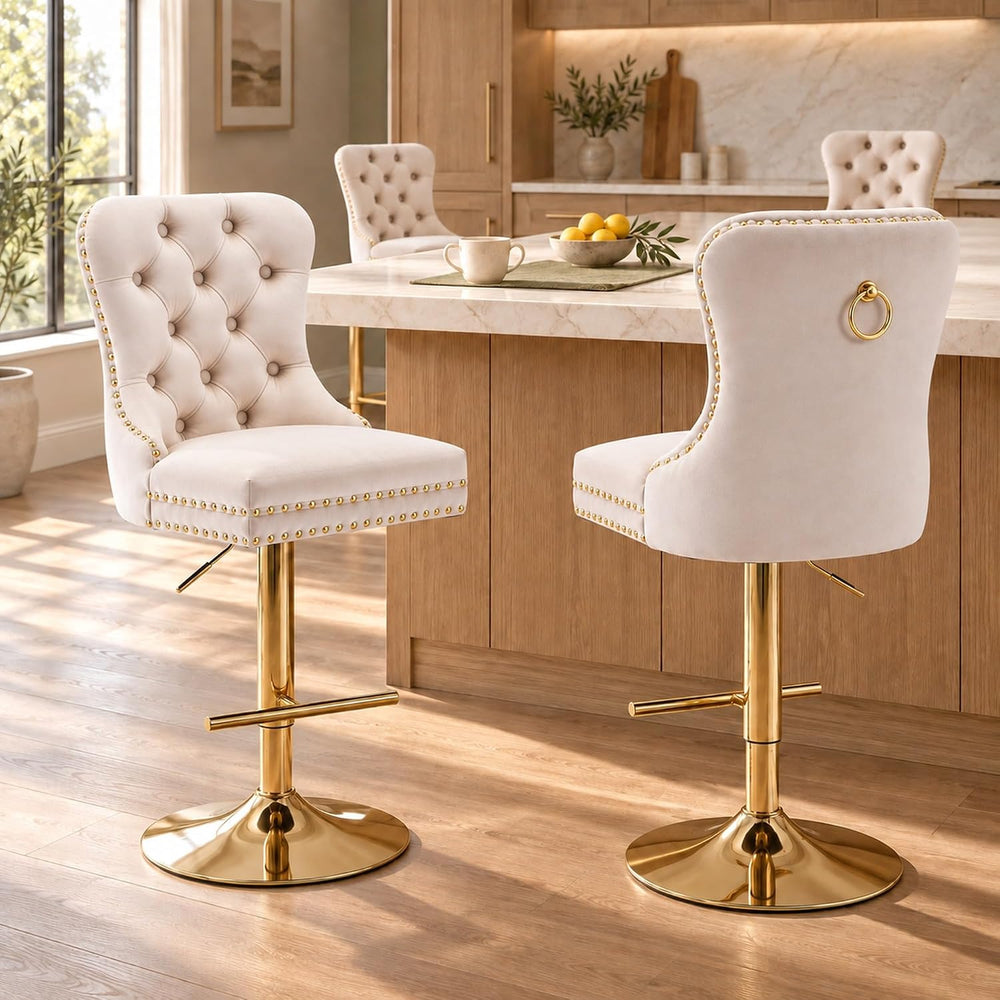 Beige Modern Swivel Bar Stools Set of 4, Velvet Counter Height Bar Stools for...