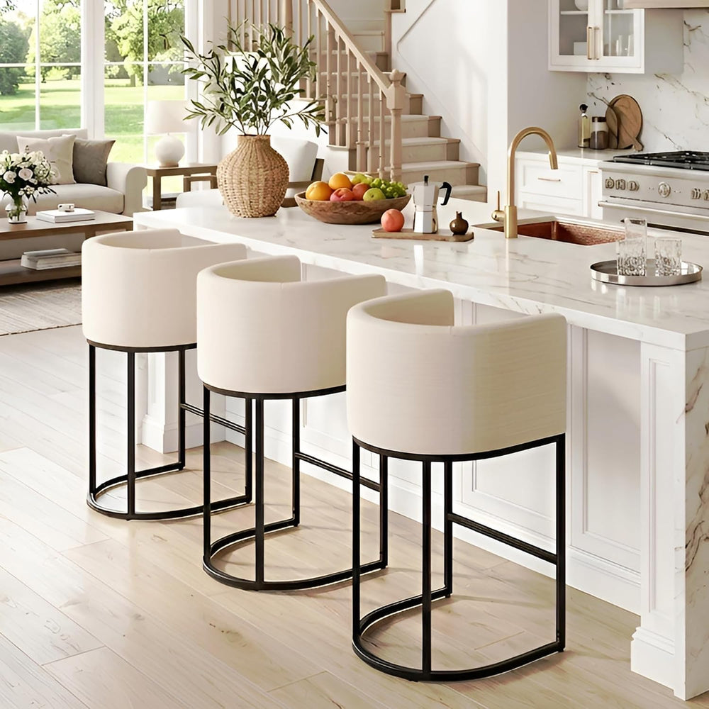 HNY Modern Counter Height Linen Fabric Cream Upholstered Counter Stools Set o...