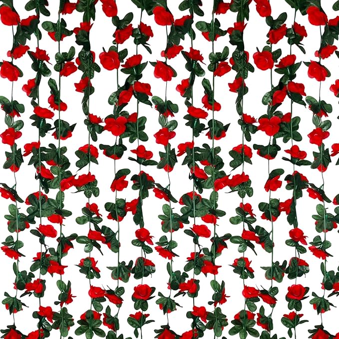 16Pcs 126Ft Red Rose Garland, Fake Rose Hanging Flowers, Artificial Flower Vi...