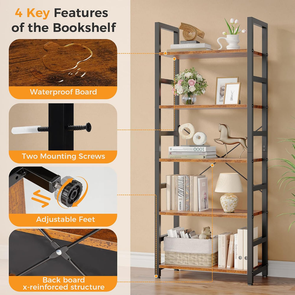 DUMOS 5-Tier Bookshelf, Modern Tall Bookcase Book Shelf Storage Organizer
