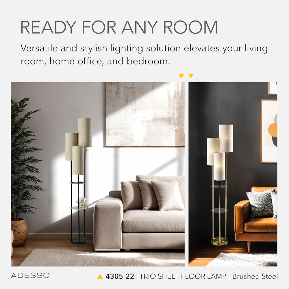 Adesso 3-Light Shelf Floor Lamp, Brushed Steel & White, Storage, 68”