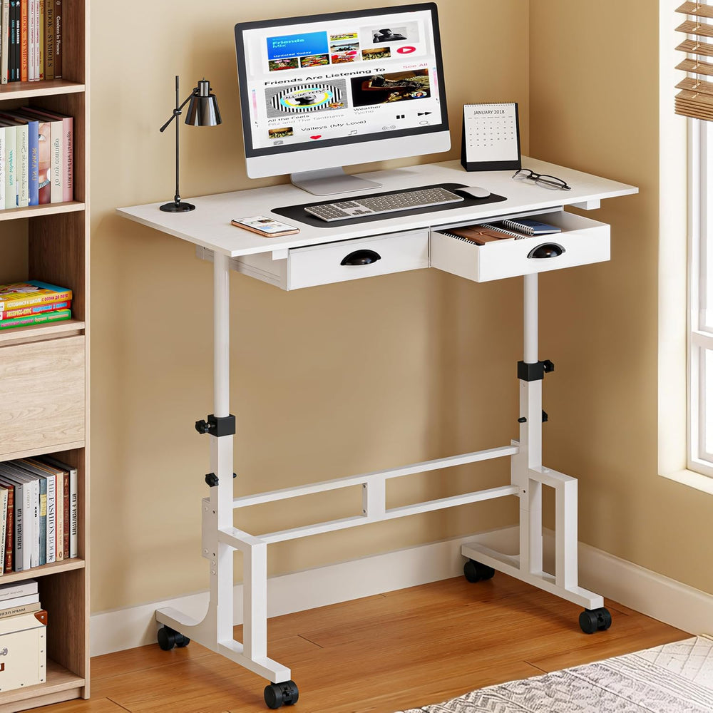 Height Adjustable Standing Desk with 2 Drawers, Small Sit Stand Up Desk with ...
