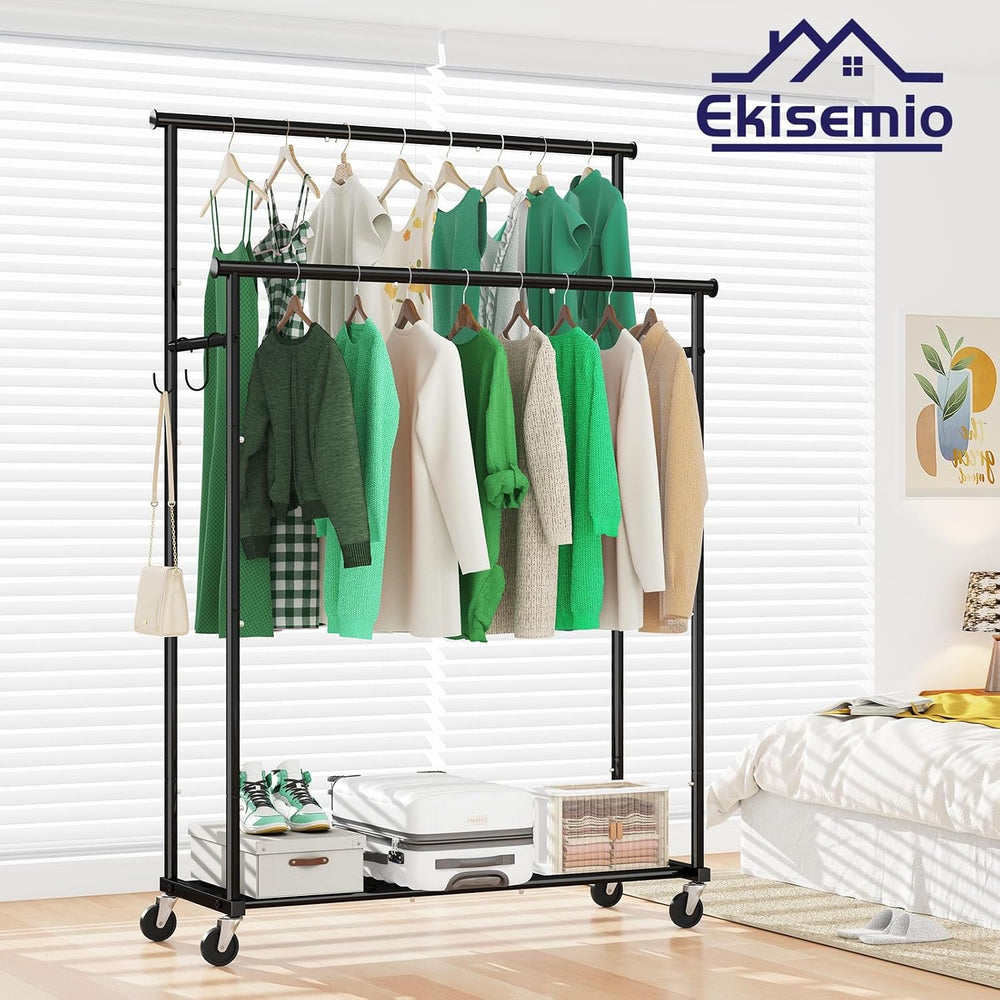 Ekisemio Double Rods Clothes Rack with Wheels Load 400 LBS, 45 Inch Rolling C...