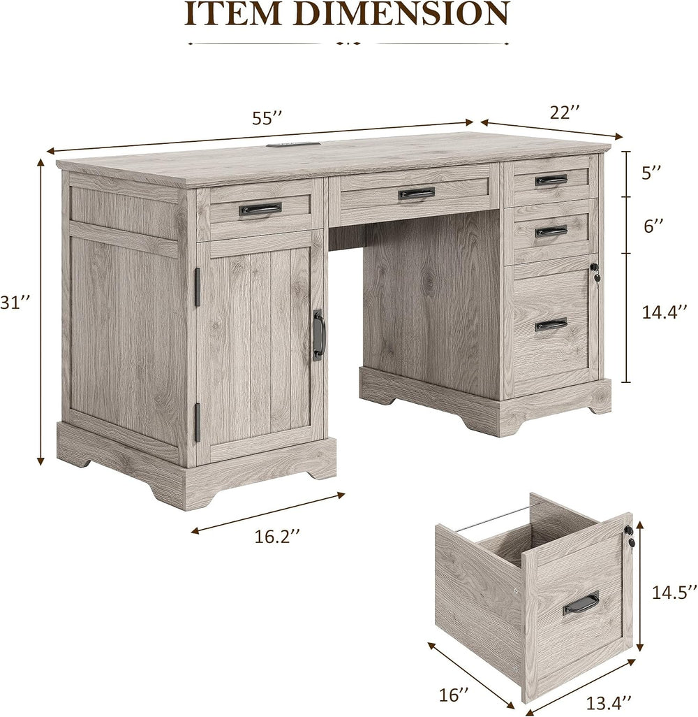 Whalefall 55'' Farmhouse Desk Home Office with Drawers, Light Gray