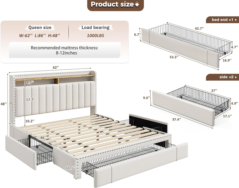 EnHomee Queen Bed Frame with 3 Storage Drawers & Headboard,Upholstered