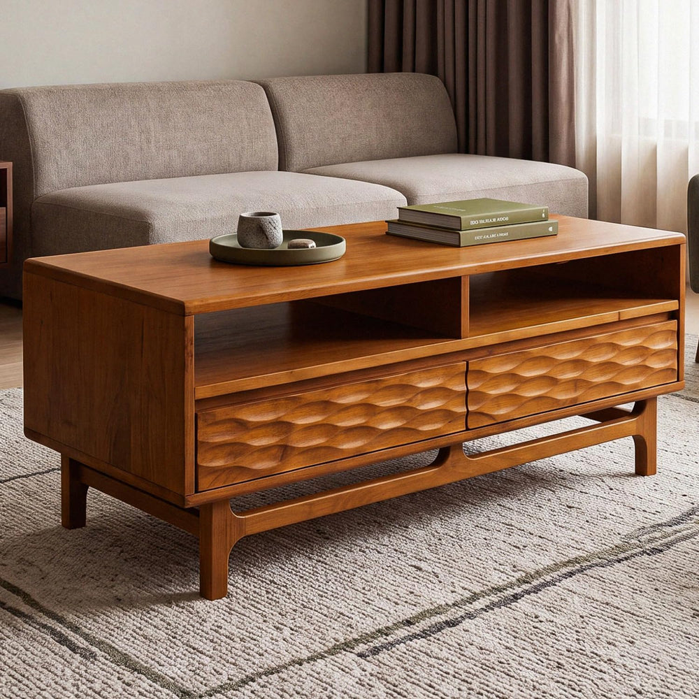 Acacia Elara 47" Wood Coffee Table with Open Shelf & 2 Drawers, Caramel