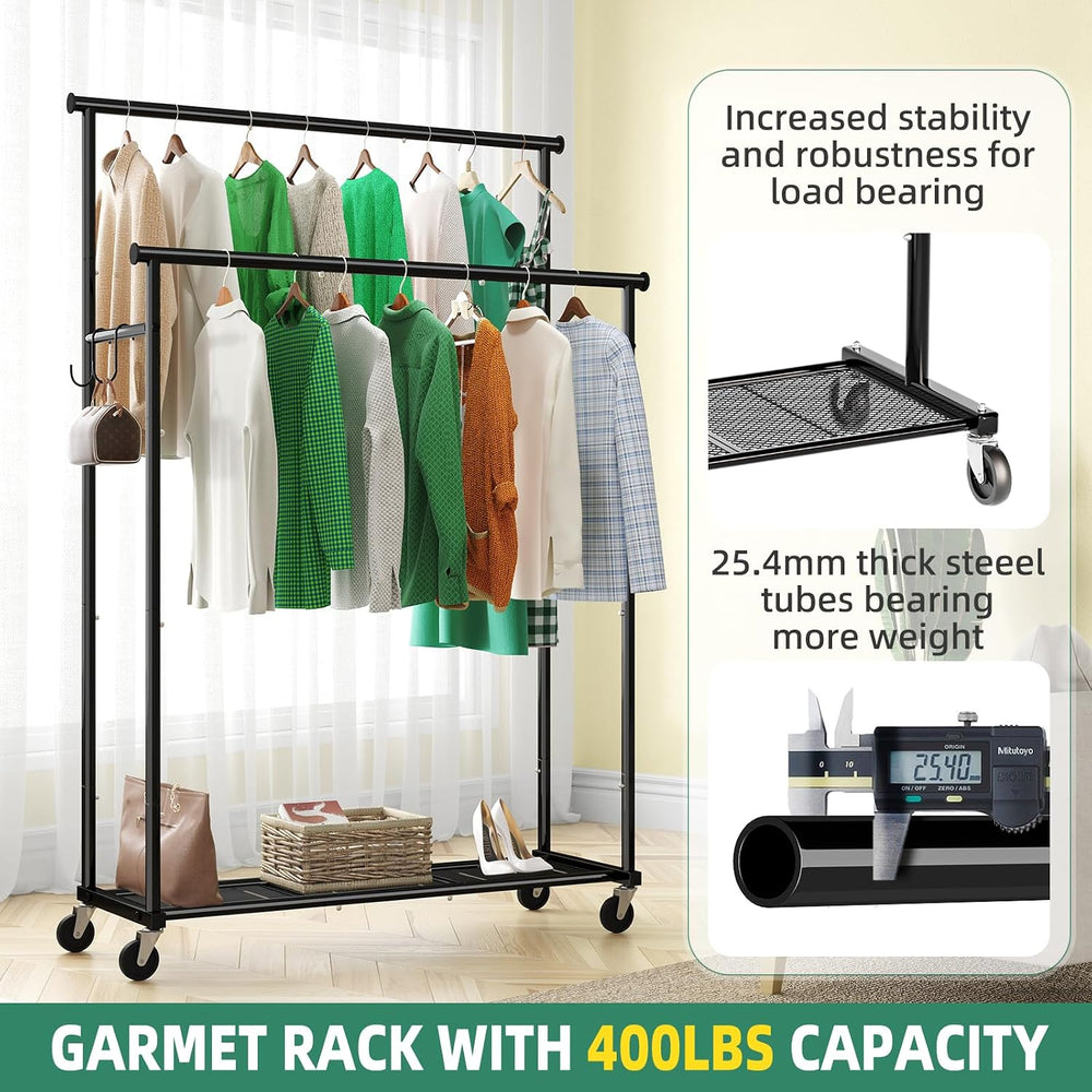 Ekisemio Double Rods Clothes Rack with Wheels Load 400 LBS, 45 Inch Rolling C...