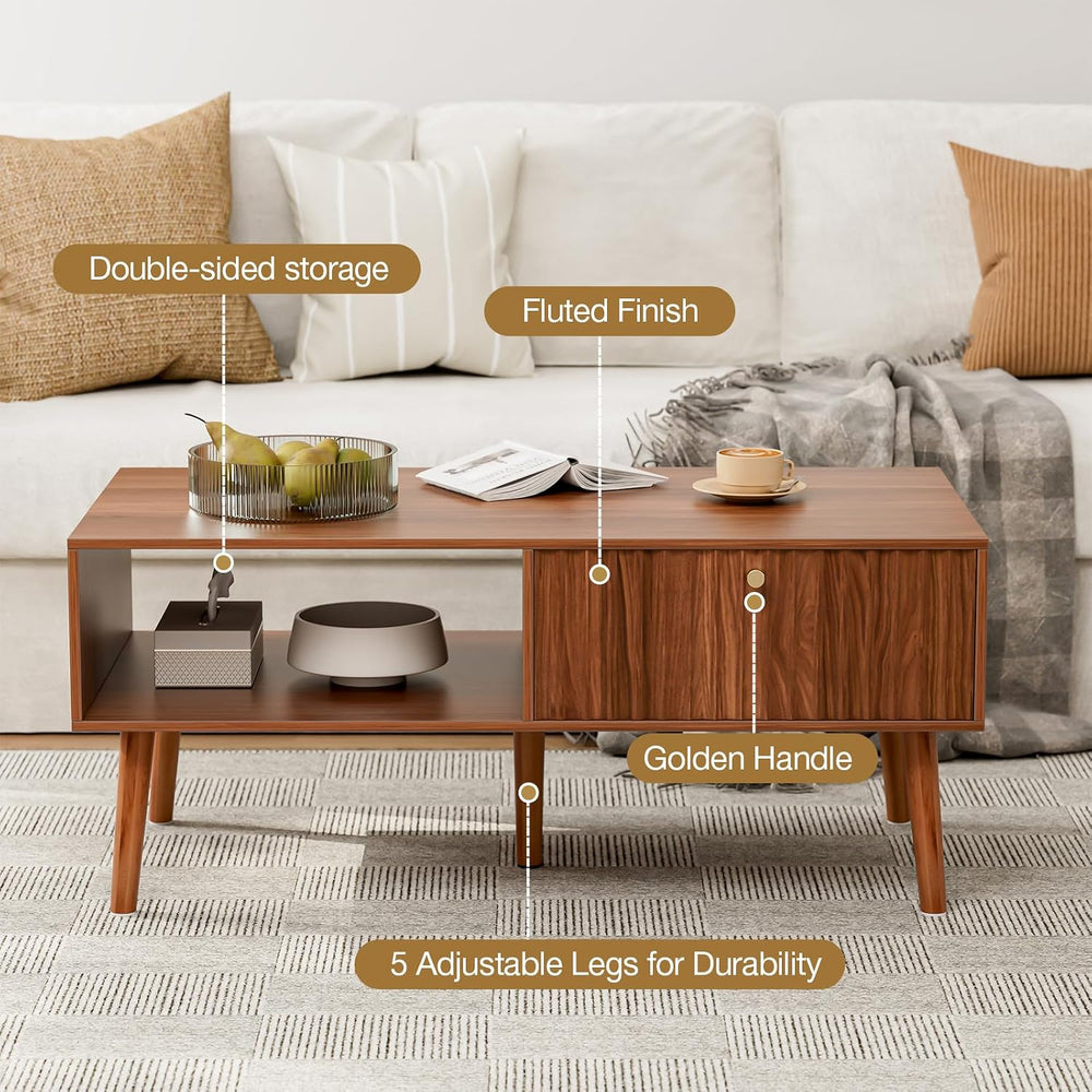 LCRBOL Coffee Table with Fluted Drawer, Mid-Century, Walnut