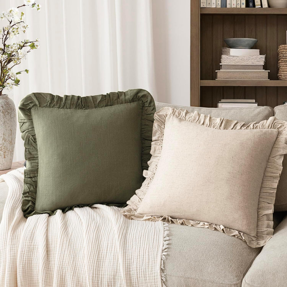 Foindtower Linen Fringe Ruffle Throw Pillow Covers 24×24 Inch Olive Green